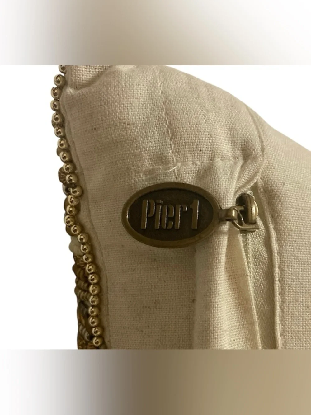 Pier 1 Beaded Metallic Decorative Throw Accent Pillow Boho Glam Cotton Linen